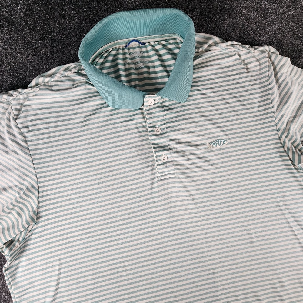 AFTCO Men's Green White Striped Polo Shirt L Short Sleeve Polyester Spandex